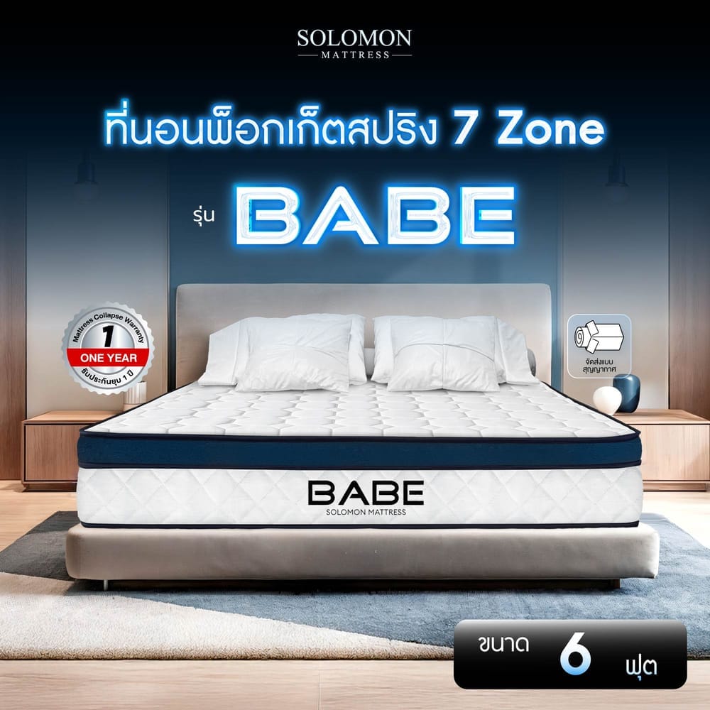 ที่นอนพ็อกเก็ตสปริง 6 ฟุต SOLOMON รุ่น BABE หนา 9 นิ้ว จัดส่งแบบอัดสุญญากาศ